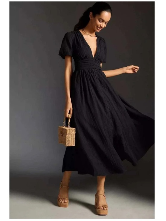 Anthropologie Dresses & Skirts - Anthropologie Katerina Button-Front Dress Maxi Dress Black Cotton V-Neck Large
